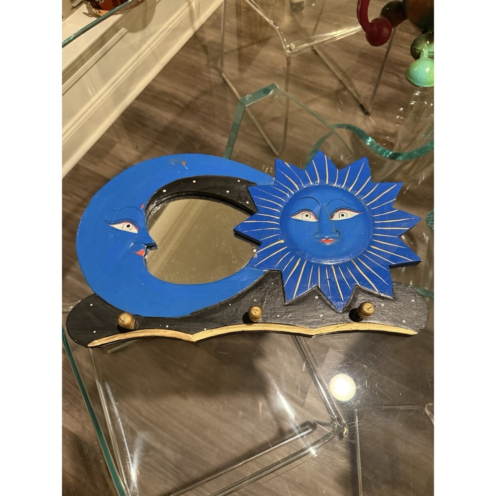 Vintage 90s Hand Painted Sun Moon Celestial Wall Mirror Coat Hooks Blue Black
